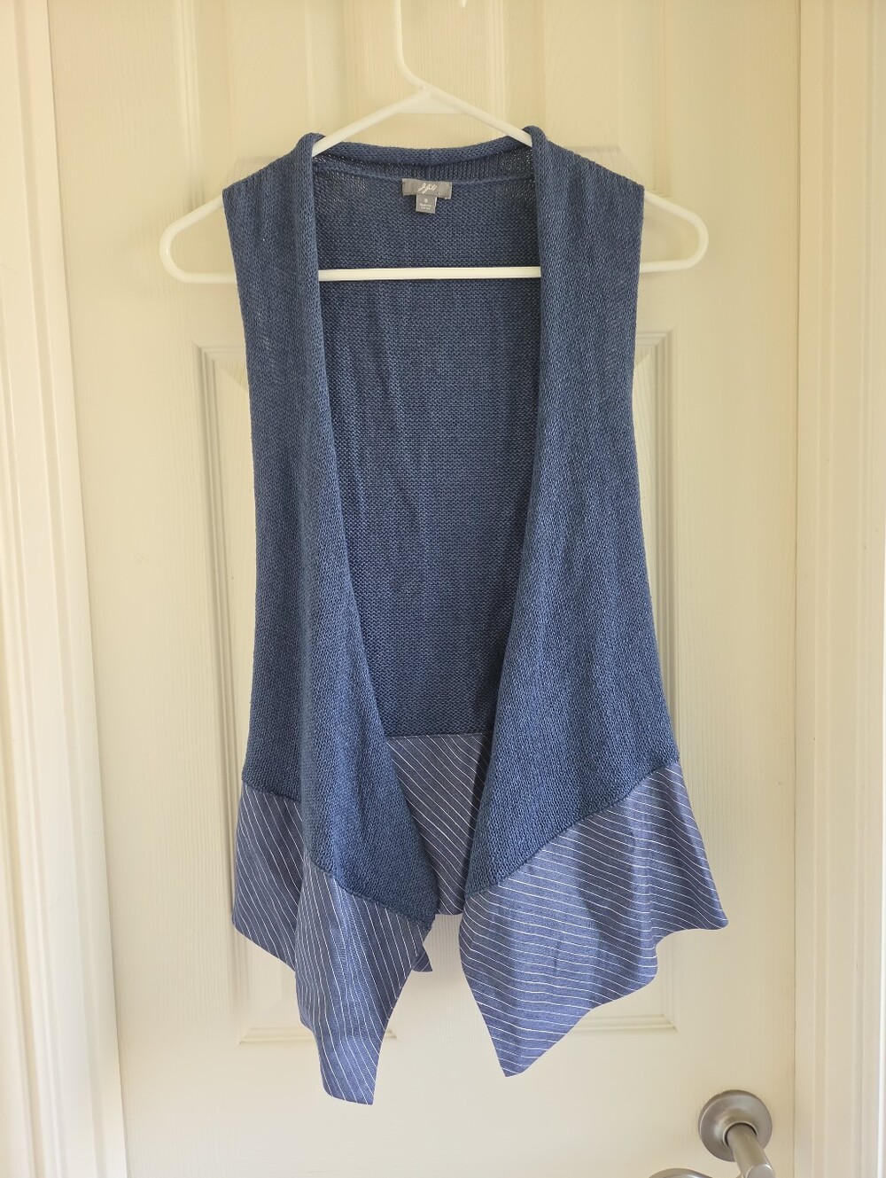 J.Jill Linen Blend Wrap Sweater Vest Small Blue Pinstripe Peplum Tied Waist Open - Picture 2 of 10